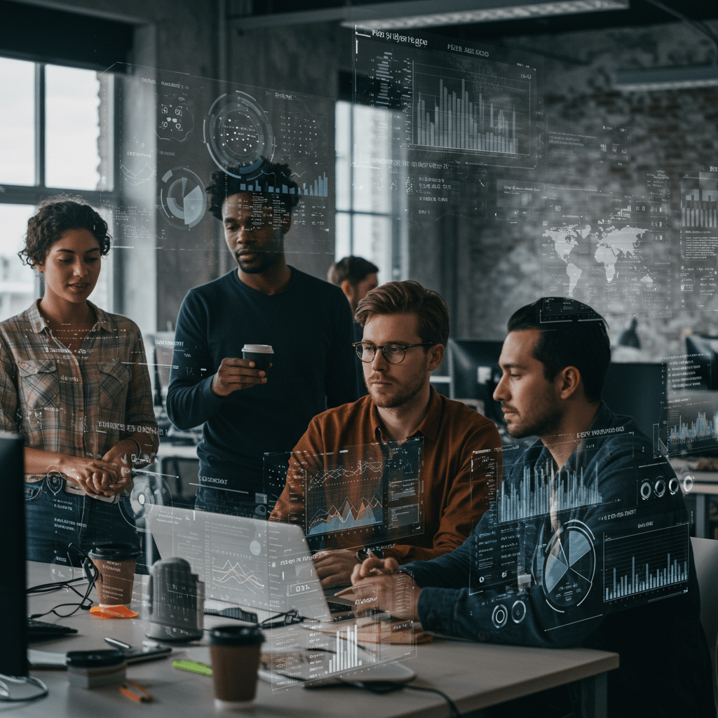 Diverse tech team collaborating in a modern office with digital data visualisations, symbolising resilience and crisis readiness in a UK startup environment