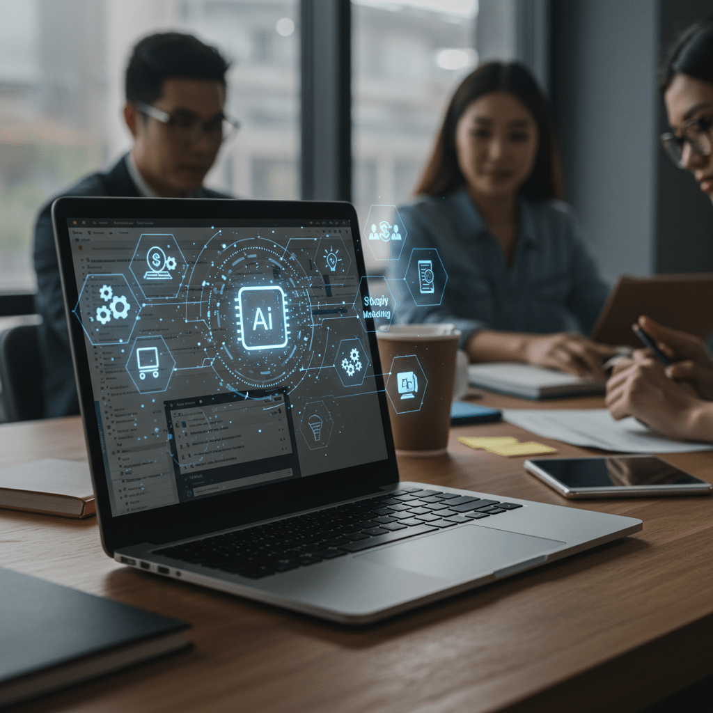 Modern ecommerce workspace with laptop showing Shopify interface, AI digital assistant hologram, and icons for automation, marketing, and inventory management in a bright professional setting with diverse team collaboration.