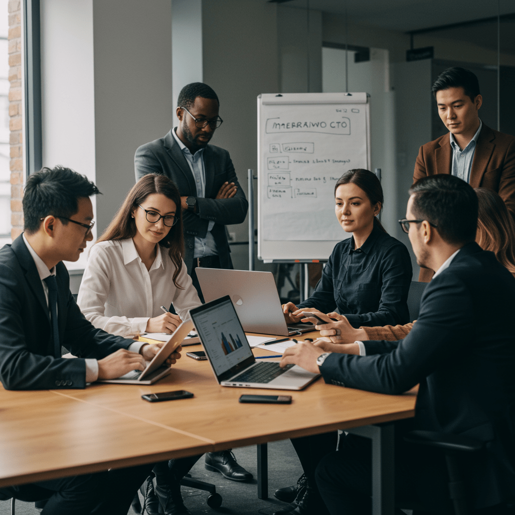 Diverse technology leaders and startup founders collaborating in a modern office, symbolising interim CTO leadership and innovation in a UK startup environment