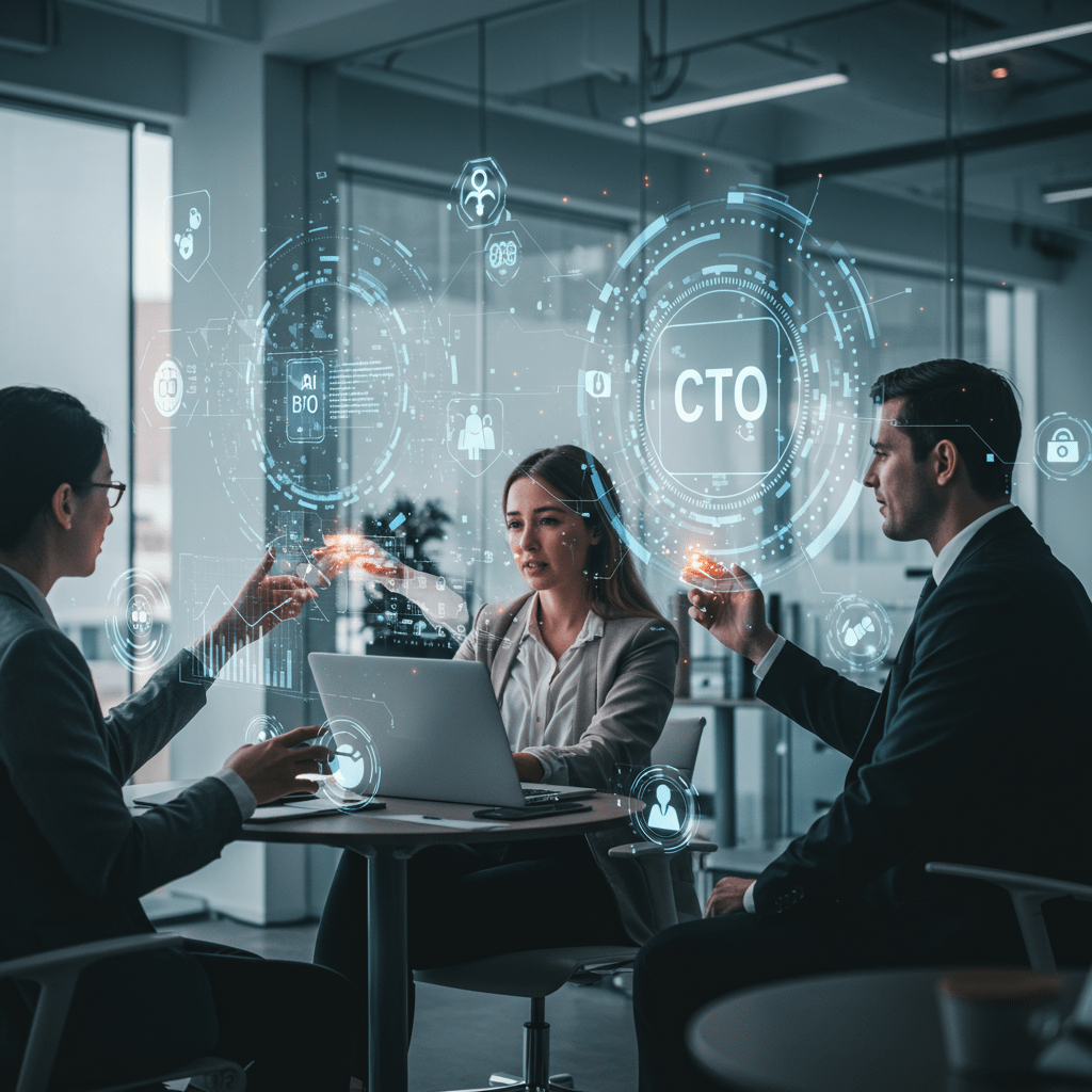 Futuristic business environment with AI agents collaborating with diverse professionals, showcasing automation, technology leadership, and innovation in a modern office setting.
