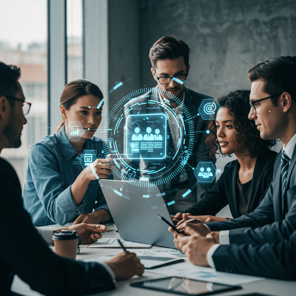 A diverse group of professionals collaborating in a modern office environment with digital AI interface elements symbolising automation and HR technology, representing global workforce management and AI-driven onboarding processes.