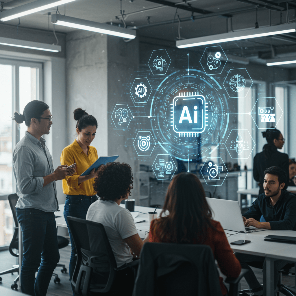 Diverse professionals collaborating in a modern office with digital AI and technology icons, representing AI-driven recruitment and fractional CTO leadership in UK tech startups and SMEs.