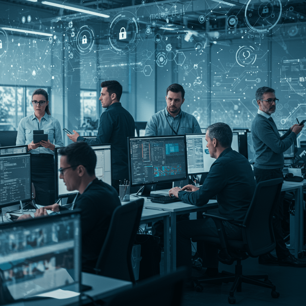 A diverse team of CTOs and tech leaders collaborating in a modern UK startup office, symbolising technology crisis management and recovery.