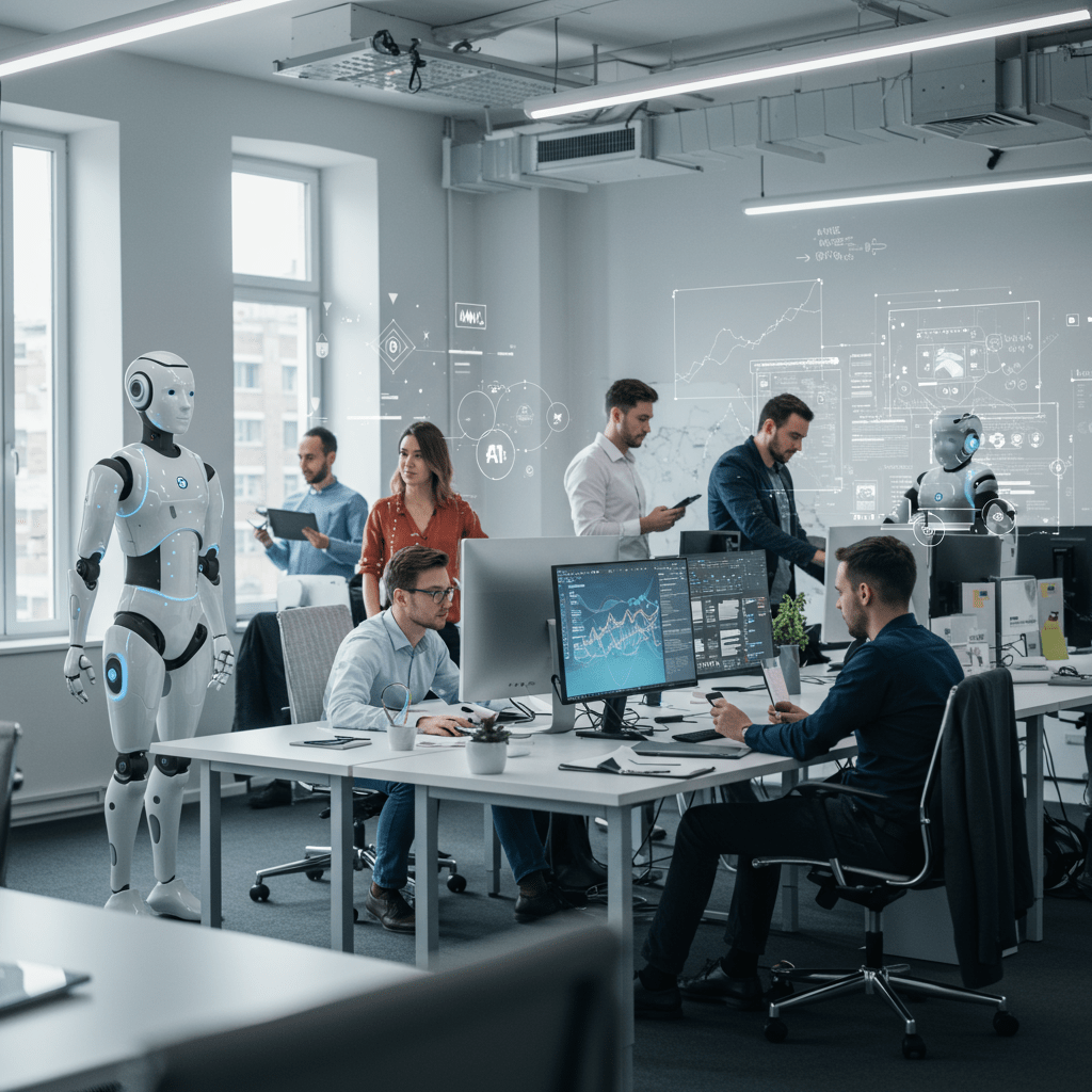 A modern office environment with diverse professionals collaborating alongside futuristic AI agents, symbolising the transition from human employees to AI workforce automation for UK startups and SMEs.