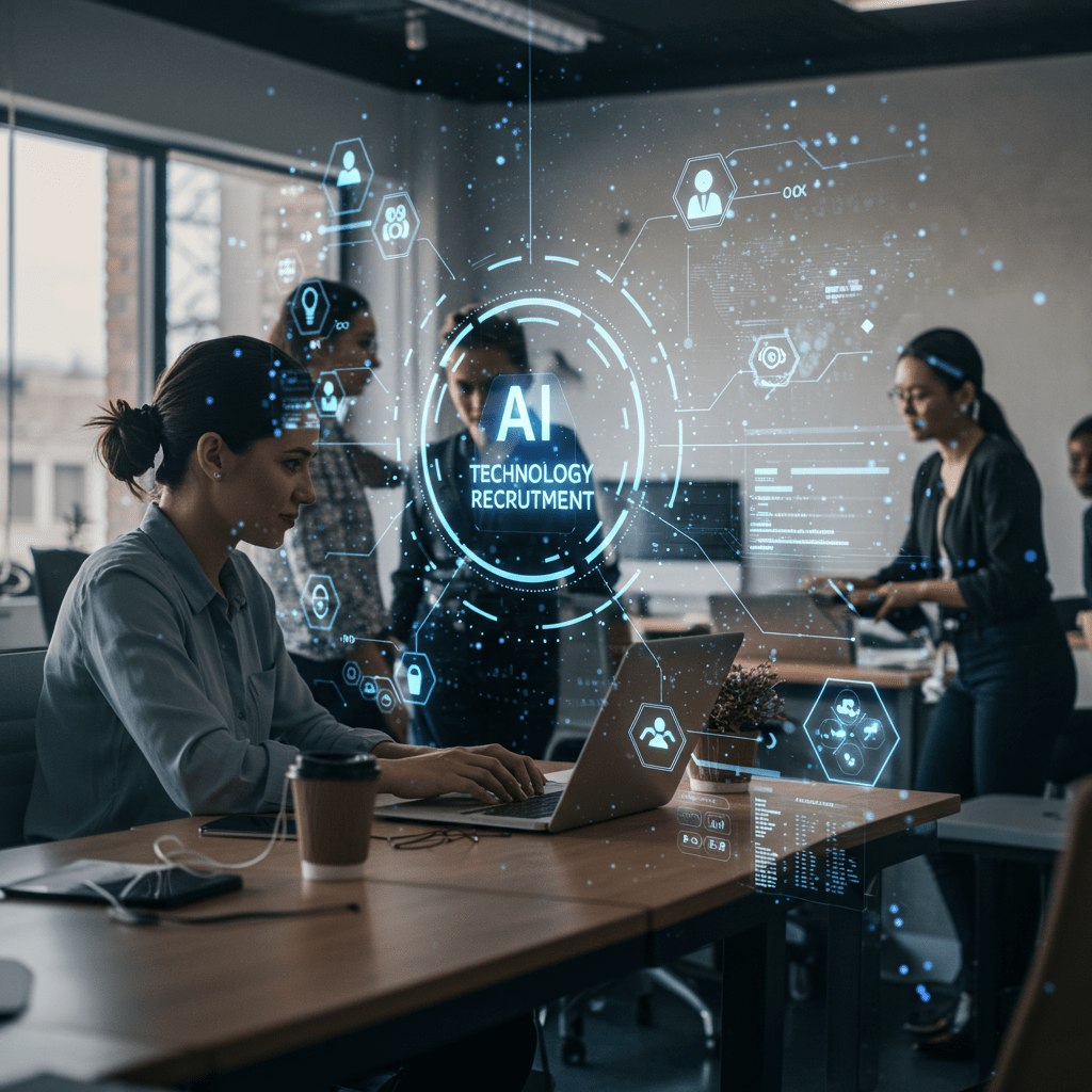 Diverse team collaborating in a modern office with digital AI elements symbolising AI-driven CTO recruitment for UK startups