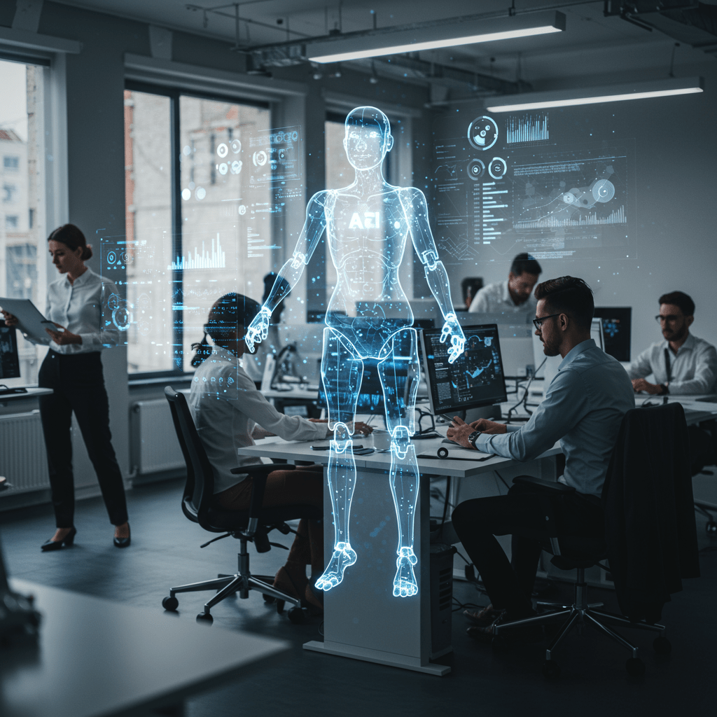 Futuristic office environment with AI agents represented by glowing digital humanoid figures working alongside diverse professionals, symbolising AI replacing human roles to boost operational efficiency in a modern business setting