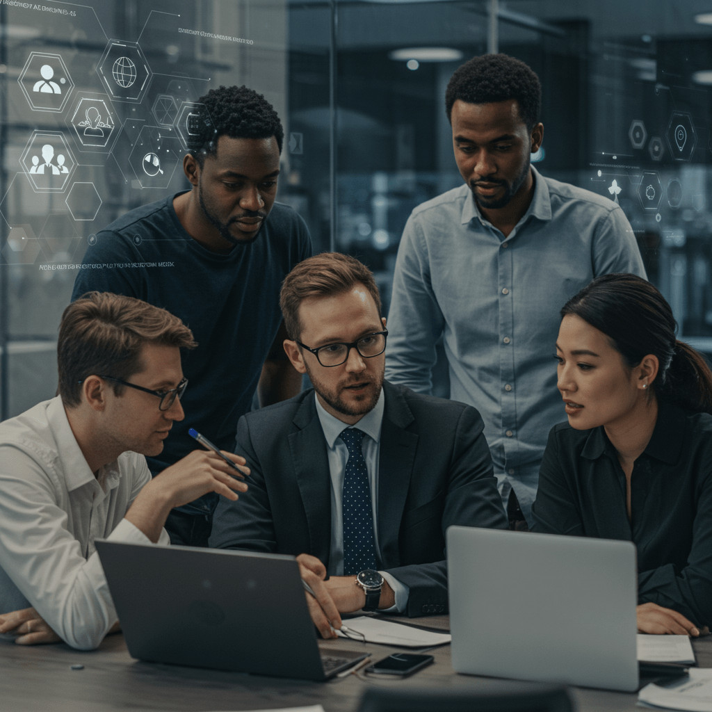 Diverse startup founders and a technology advisor collaborating in a modern office with digital technology icons symbolising CTO advisory services and innovation for UK startups