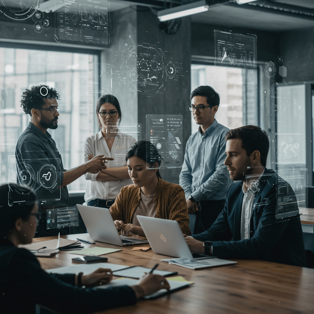 A diverse group of professionals collaborating in a modern office setting with digital technology elements, symbolising fractional CTO services and tech leadership in UK startups and SMEs