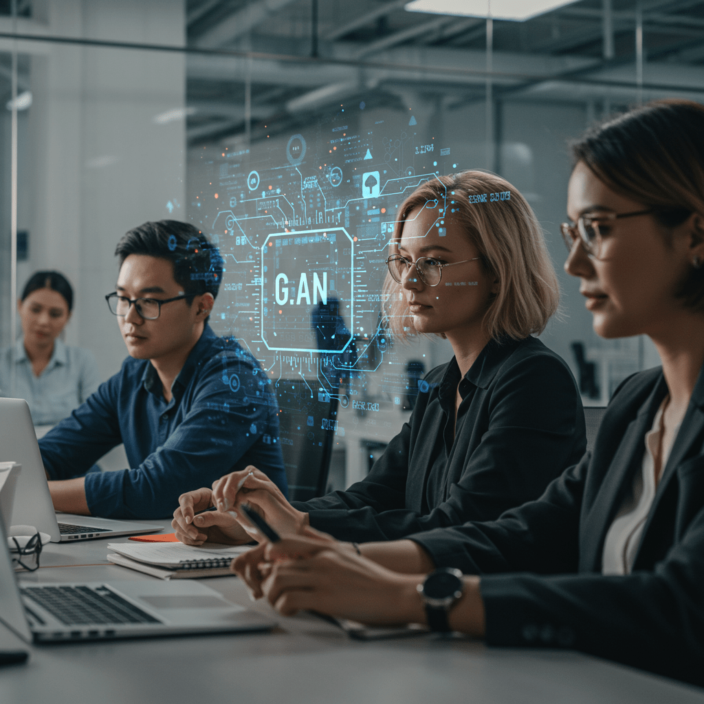 Diverse group of professionals collaborating in a modern office with digital technology and AI elements, symbolising tech recruitment and innovation in the UK