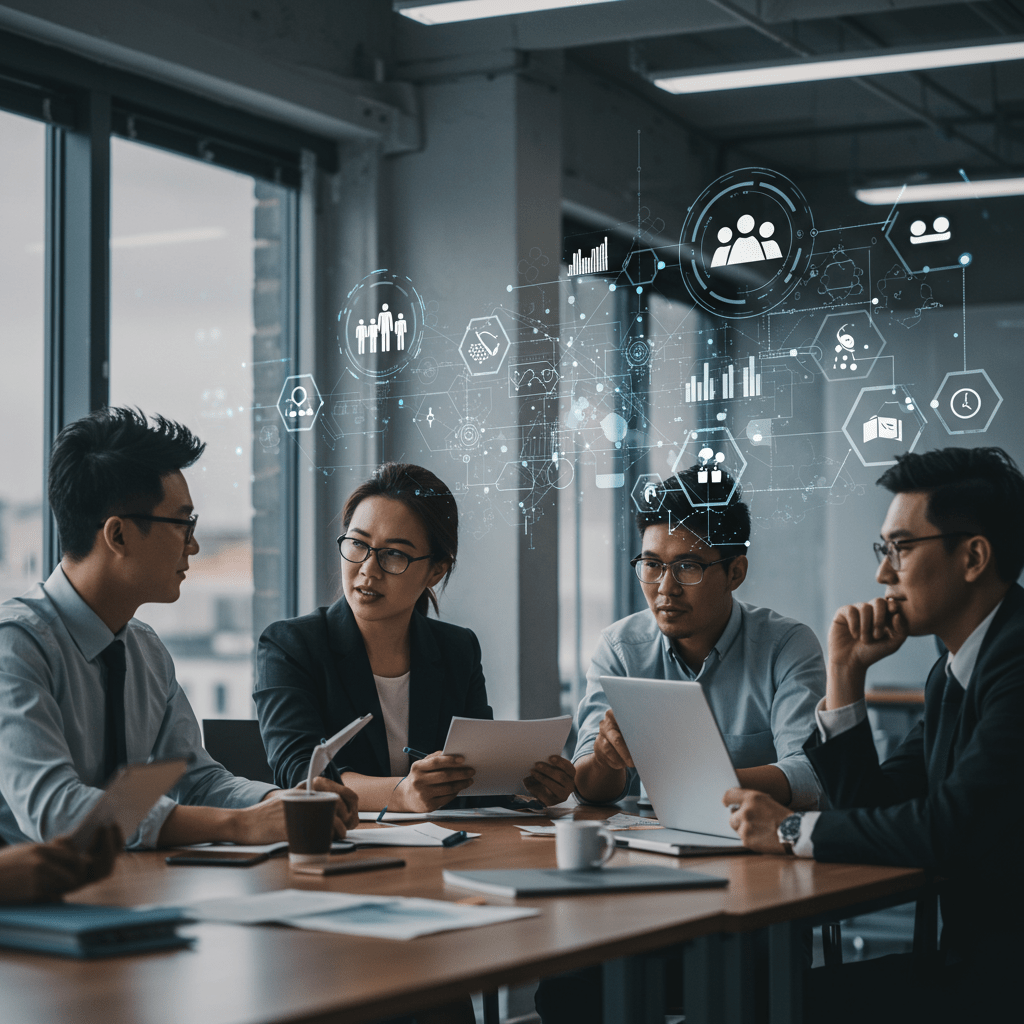 A professional business setting showing a diverse group of people in a modern office discussing technology strategy, with digital overlays of technology icons and charts, representing fractional CTO services and strategic leadership for UK startups and SMEs