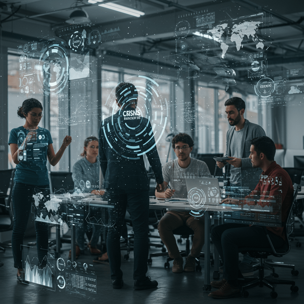 Diverse tech professionals collaborating in a modern office with digital technology elements symbolising crisis management and leadership in a UK tech startup