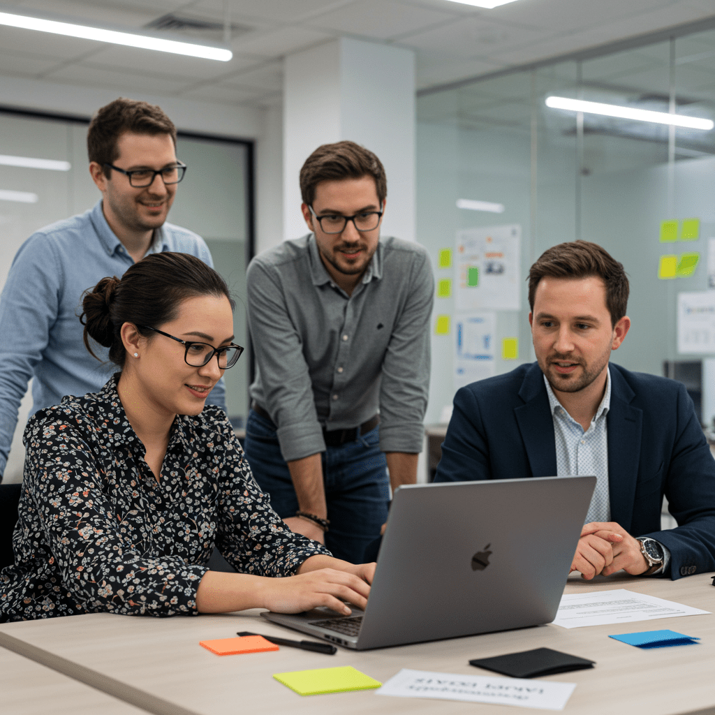 A diverse group of startup founders and a fractional CTO collaborating around a laptop in a modern office, symbolizing technology leadership and equity compensation in UK startups.