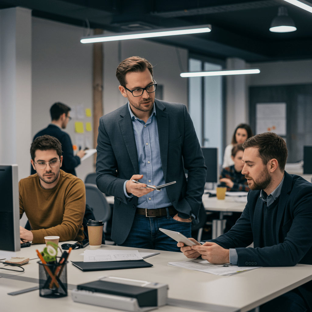 Diverse UK startup team collaborating in a modern office, representing flexible and cost-effective tech leadership through fractional CTO services