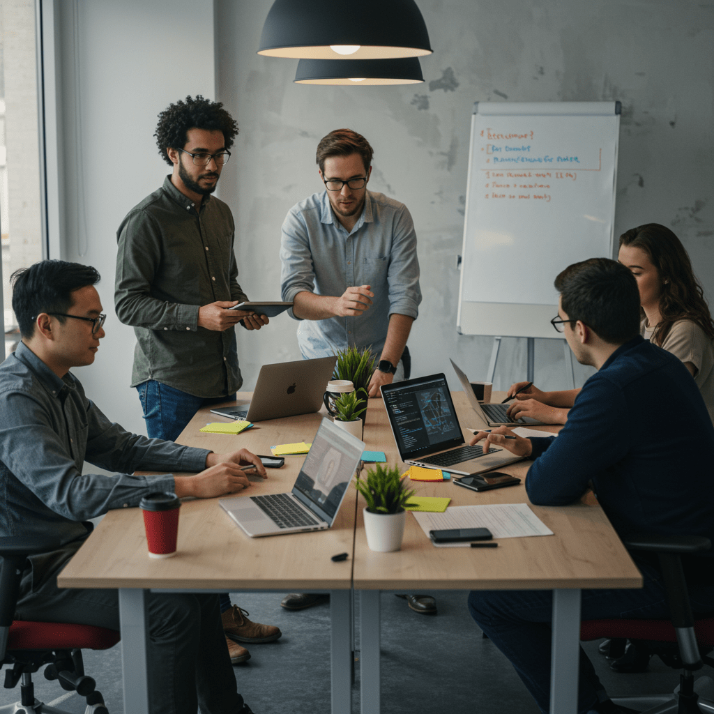 Diverse group of tech professionals collaborating in a modern office environment, symbolising recruitment and leadership in UK tech startups and SMEs