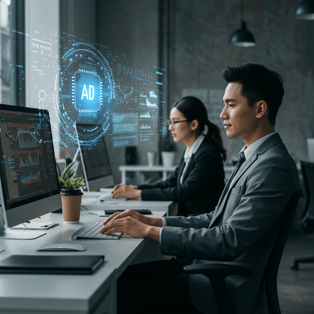 Diverse professionals in a modern office using AI technology to automate business tasks, symbolising efficiency and innovation