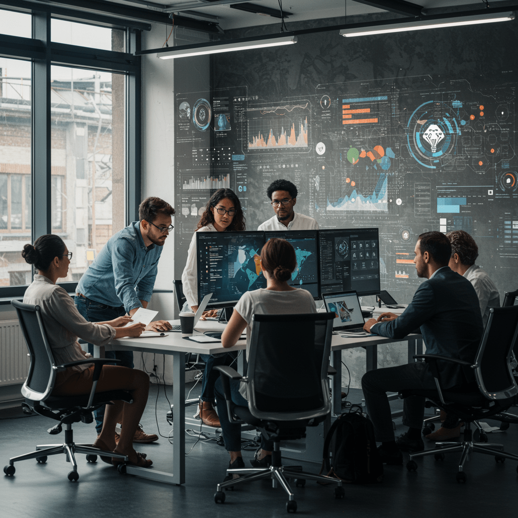 Diverse professionals collaborating in a modern office with digital screens showing tech data and emergency response visuals, representing crisis management and resilient leadership in UK startups