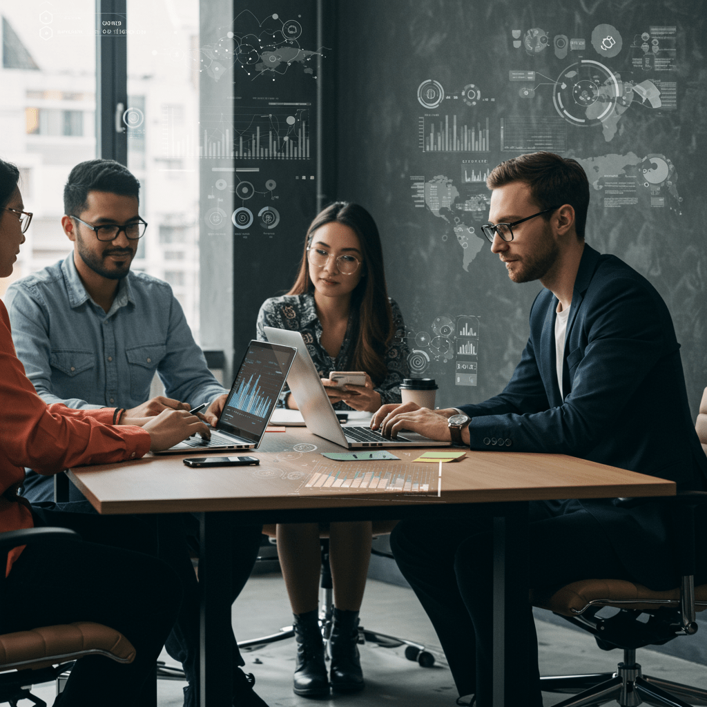 Diverse startup team collaborating in a modern office with laptops and digital devices, symbolising technology leadership and innovation in a UK startup environment