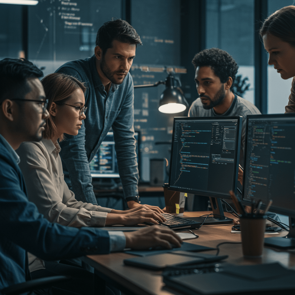 Diverse technology professionals collaborating in a modern office, focused on computer screens with code and system diagnostics, representing CTO leadership and crisis management in a startup environment.