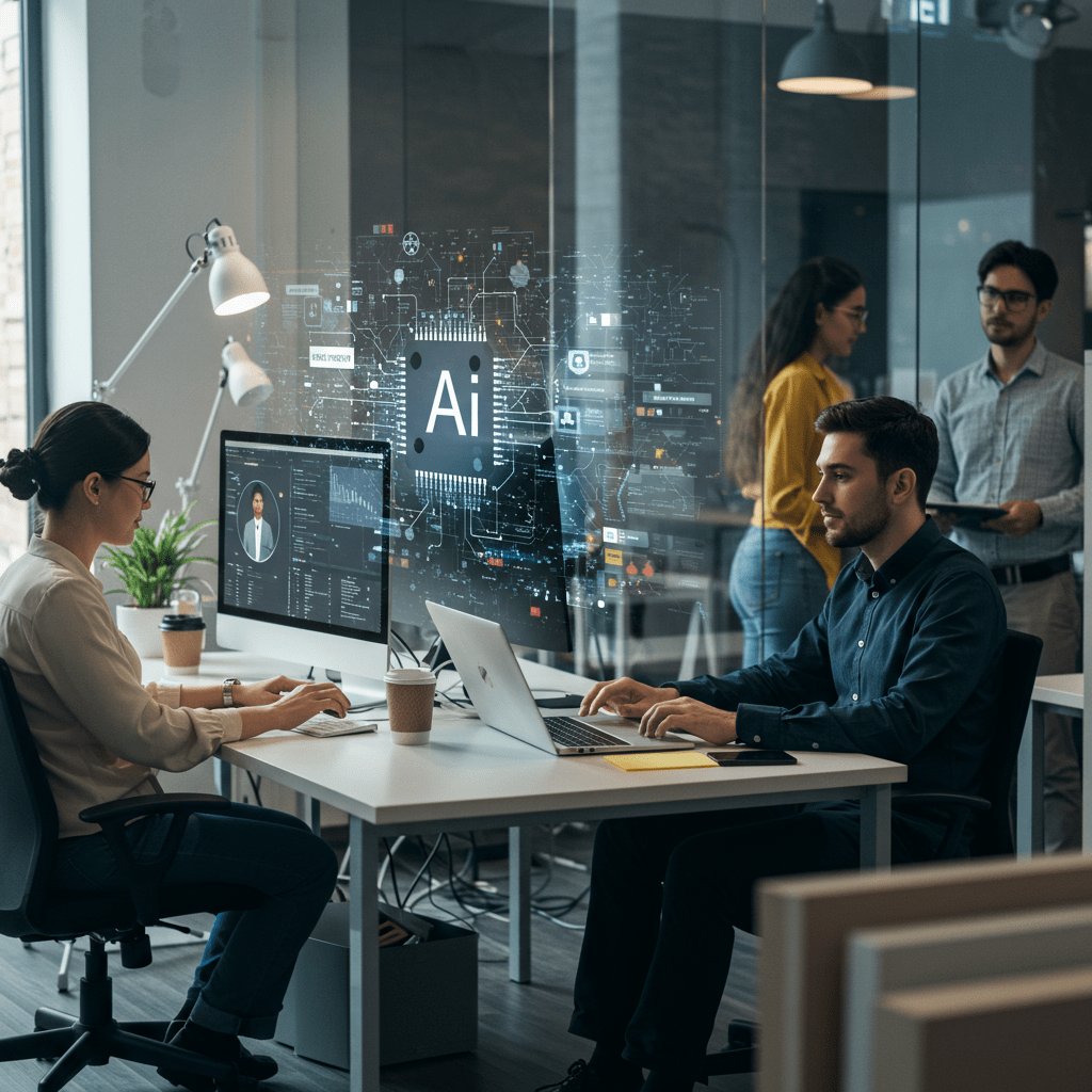 Diverse startup team collaborating in a modern office using AI technology for recruitment and hiring systems