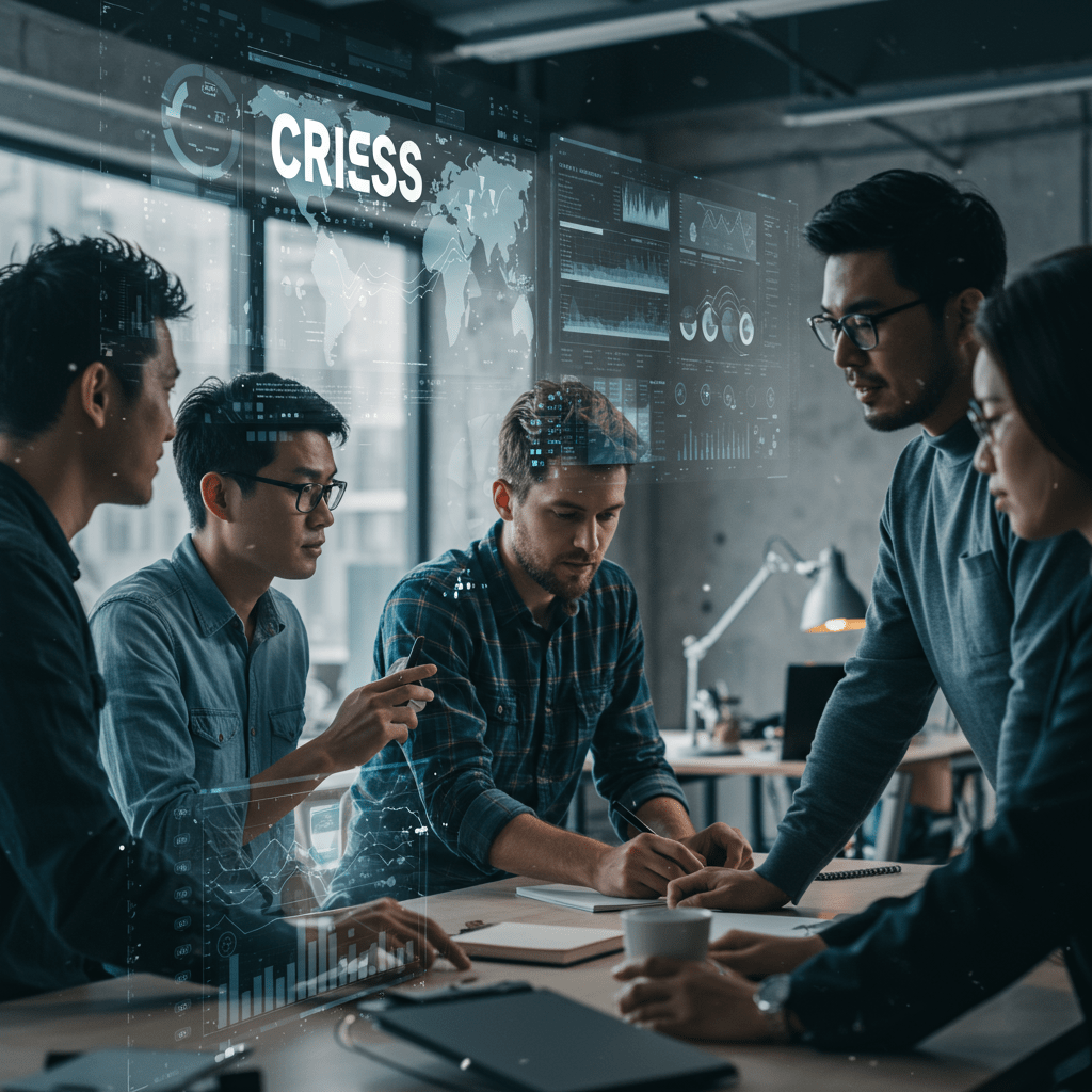 A diverse team of technology professionals collaborating in a modern office environment, with digital technology and data visualisations in the background, symbolising crisis management and leadership in tech startups and SMEs
