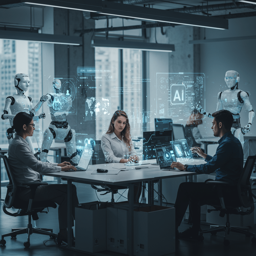 A futuristic office environment with diverse professionals collaborating with AI agents through holographic interfaces, symbolising workforce automation and AI-driven business transformation.