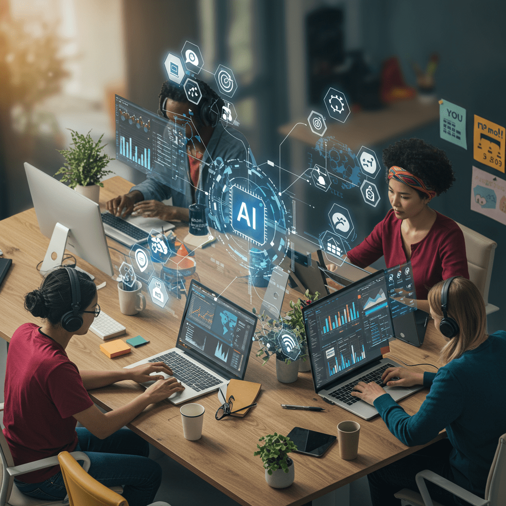 A diverse global team collaborating remotely using AI technology with digital interfaces showing communication, project management, and automation icons representing seamless international teamwork across time zones