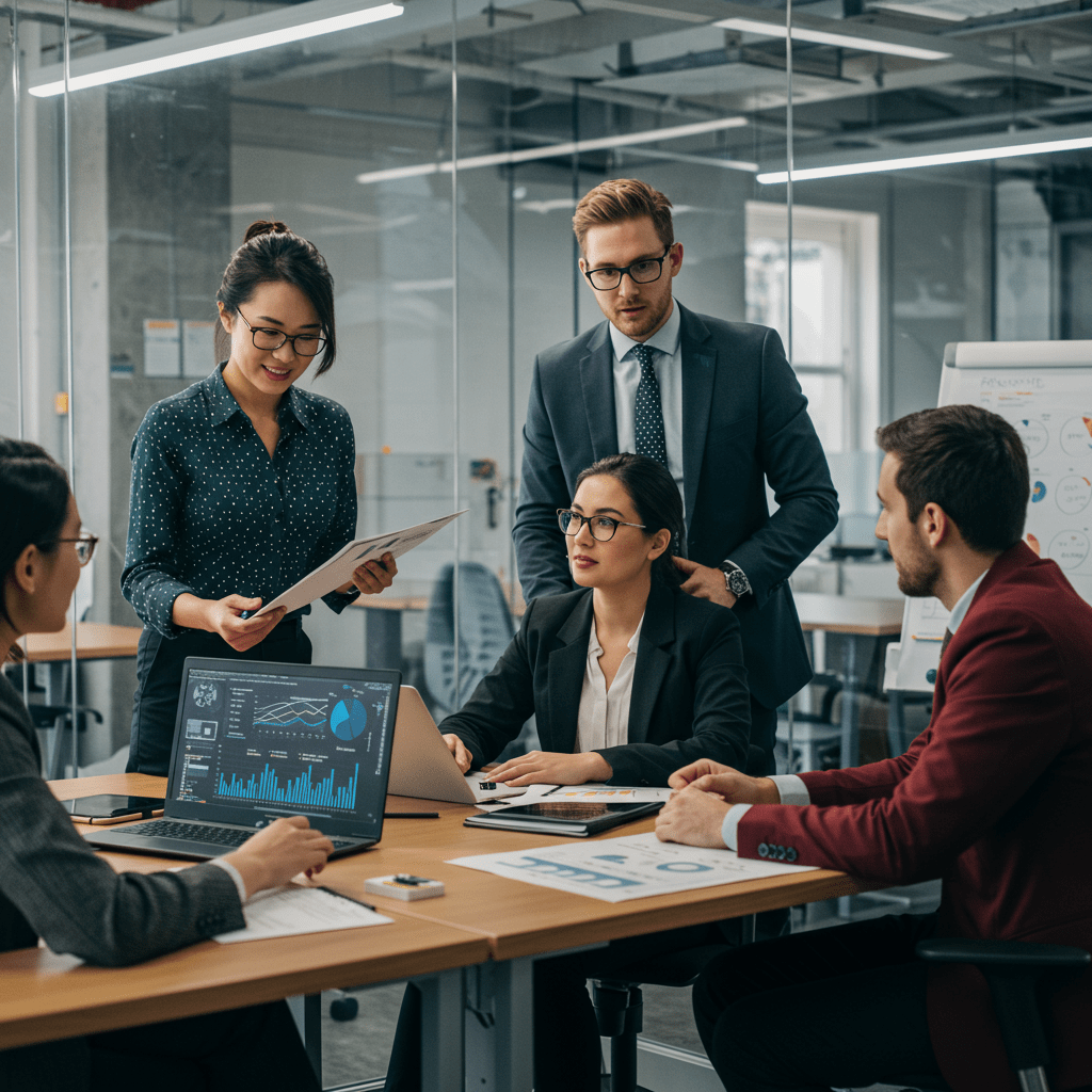 Diverse UK startup and SME professionals collaborating with a fractional CTO in a modern office, symbolising technology leadership and innovation.