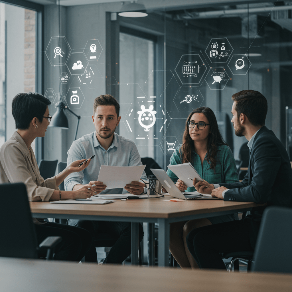 Diverse professionals collaborating in a modern office with digital technology icons, symbolising CTO recruitment and tech leadership in UK startups