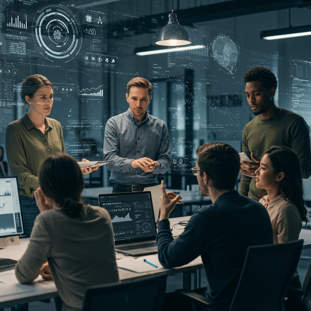 Diverse tech professionals collaborating in a modern office with digital screens, symbolising crisis management and resilient leadership in a UK startup environment