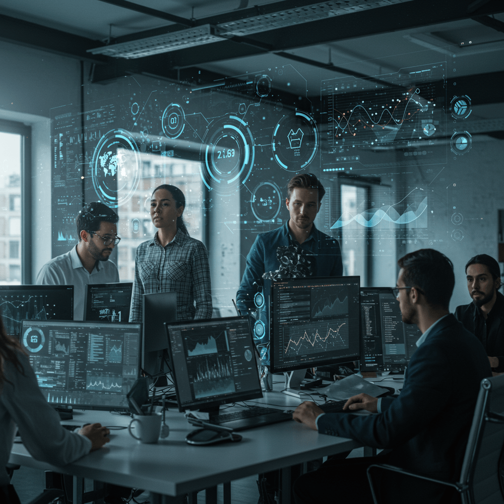 Diverse tech professionals collaborating in a modern office with digital screens showing data analytics and AI technology, representing crisis management and leadership in UK tech startups