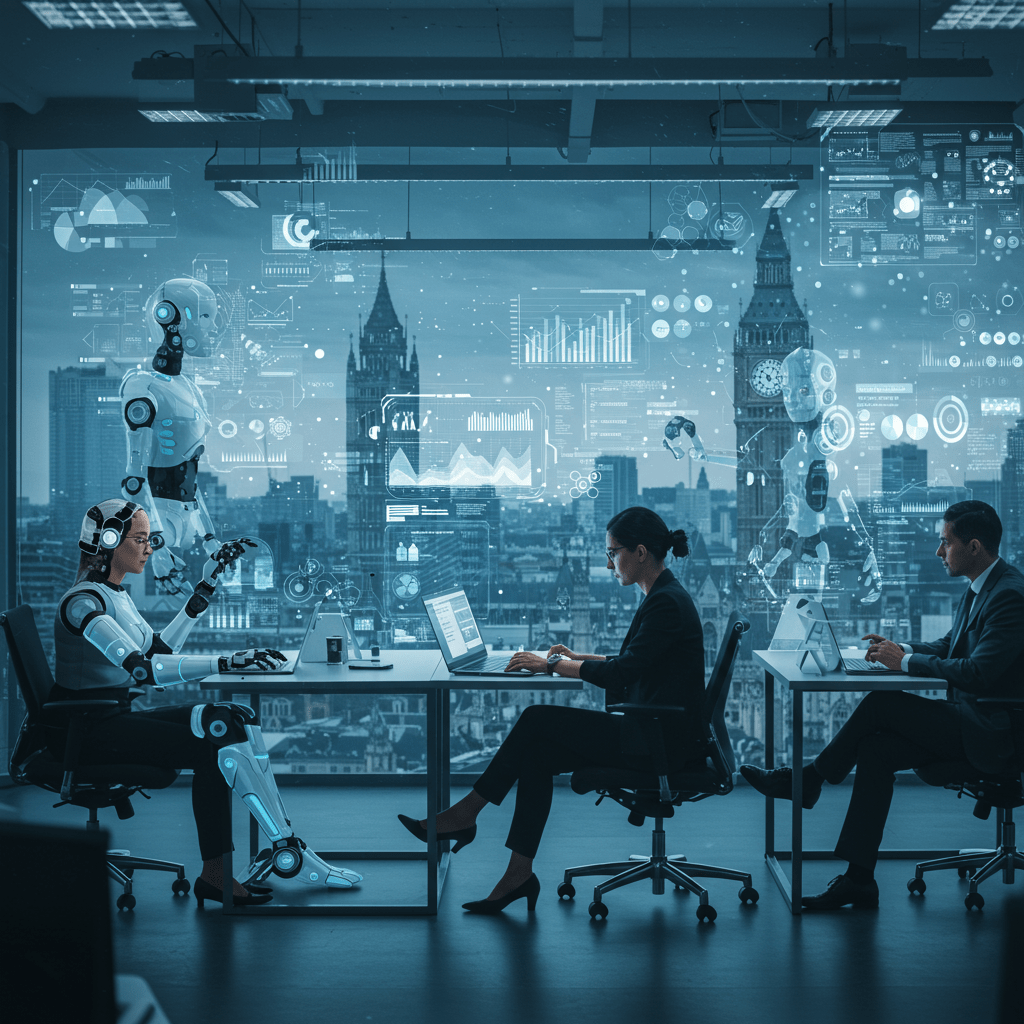 A modern UK business office environment with diverse professionals working alongside AI robots and digital interfaces, symbolising collaboration between human employees and AI agents.
