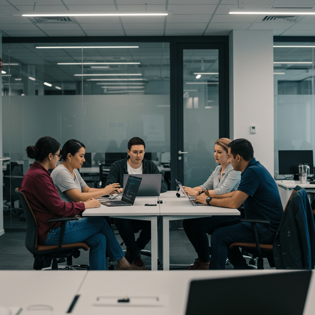 Diverse group of tech professionals collaborating in a modern office environment with laptops and digital devices, symbolising tech recruitment and teamwork in the UK