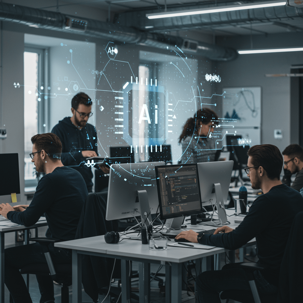 Diverse tech professionals collaborating in a modern office with AI technology elements symbolising AI-driven tech recruitment in a UK startup environment