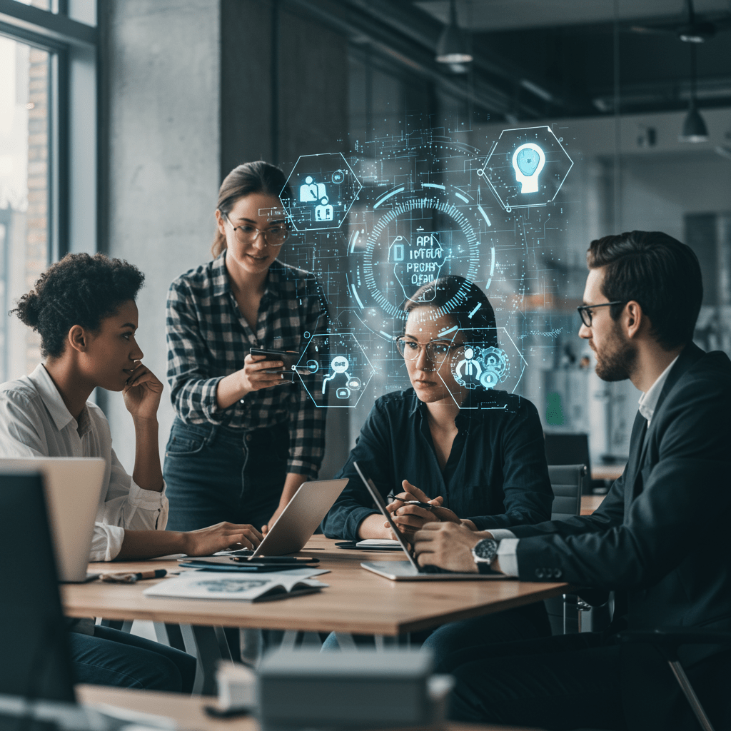 Diverse professionals collaborating in a modern office with digital AI elements symbolising AI-driven recruitment and fractional CTO leadership for resilient UK tech teams