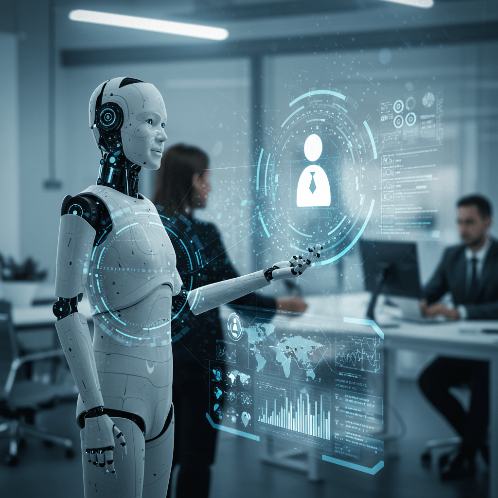 Futuristic business environment with AI agents and digital interfaces replacing human employees in a modern office setting.