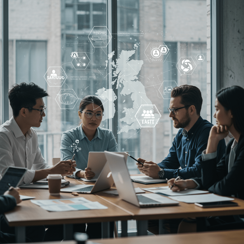 Diverse professionals collaborating in a modern office with digital tech icons and UK map background representing tech recruitment in the UK