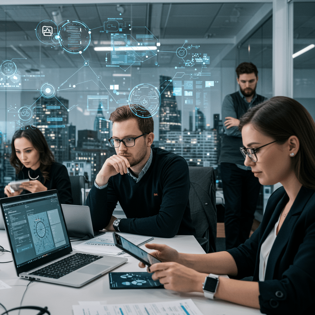 Diverse tech professionals collaborating in a modern UK office with London cityscape in the background, symbolising tech recruitment and innovation