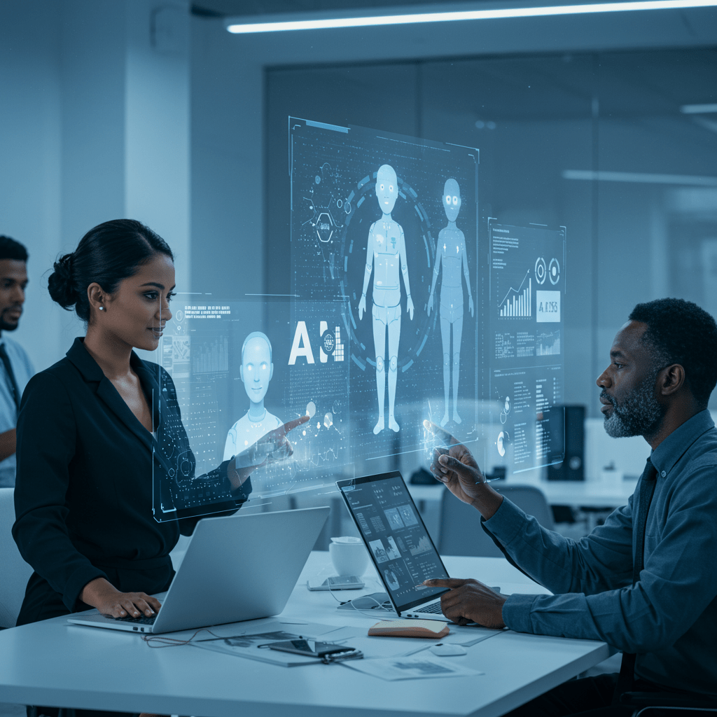 Diverse professionals in a modern business workspace interacting with futuristic AI technology interfaces symbolising AI agents customisation and operational efficiency