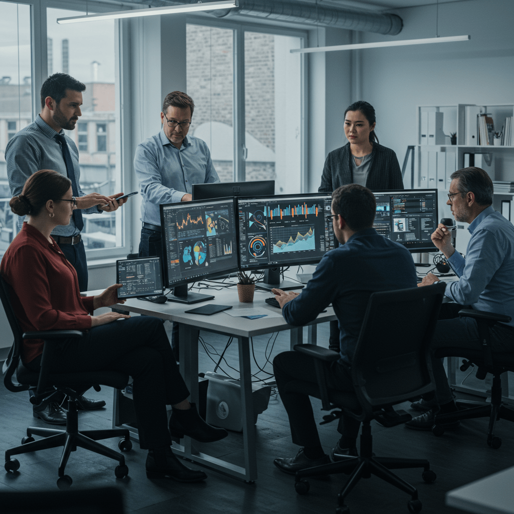 A professional UK startup office environment with a diverse team of CTOs and technology leaders collaborating on crisis management strategies, featuring modern technology devices and digital data analytics screens.