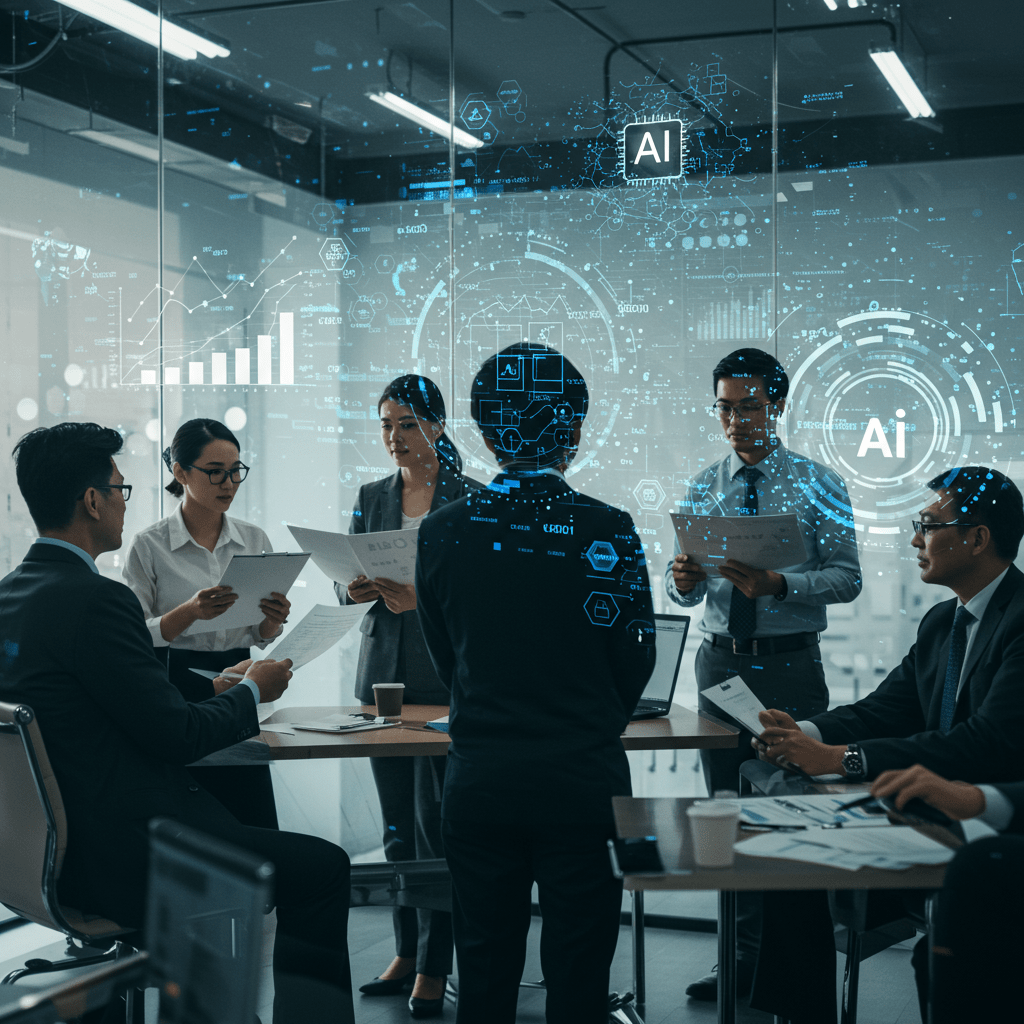 Diverse business team discussing technology and leadership with digital AI elements in the background representing fractional CTO services and transparent pricing models