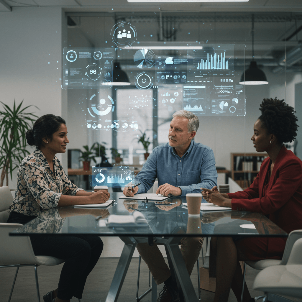 Diverse professionals collaborating in a modern office with digital technology elements symbolising tech recruitment and AI integration in a UK startup environment