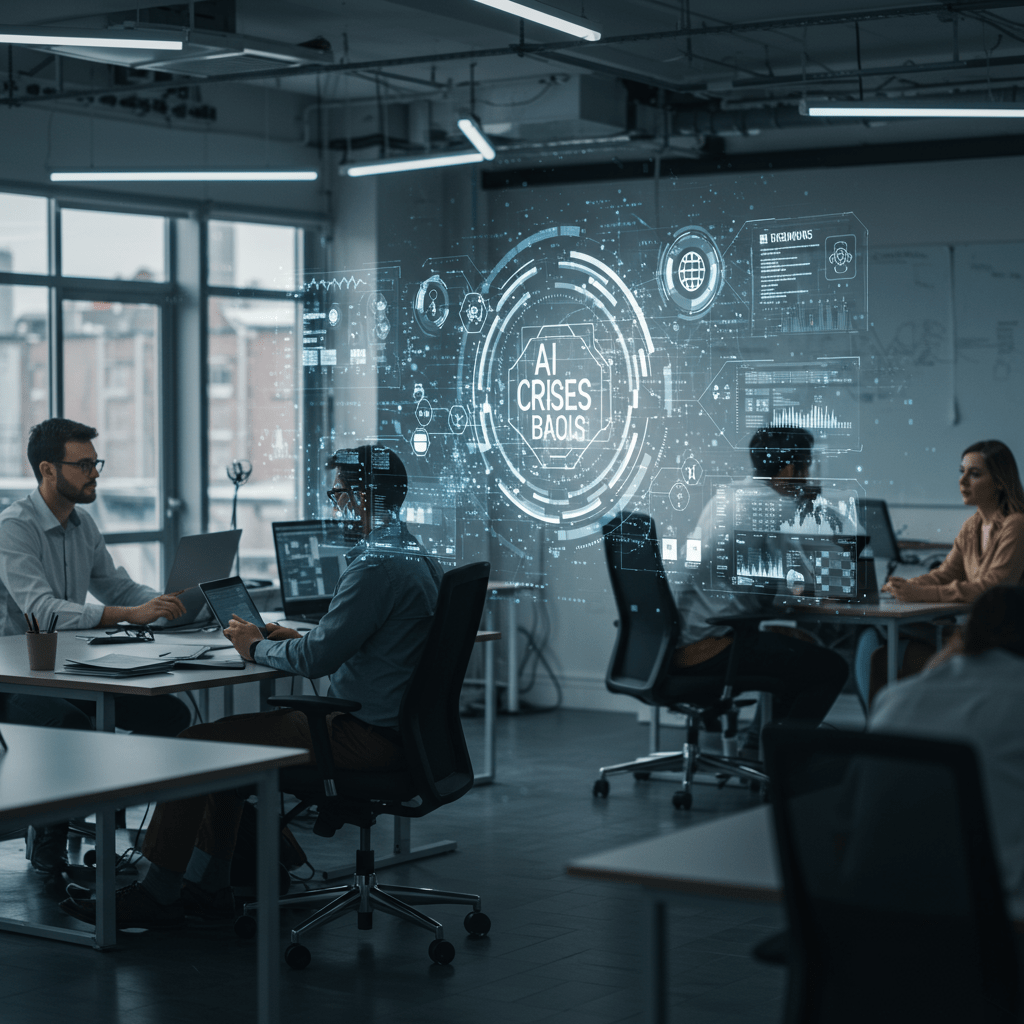 A modern UK startup office with diverse professionals collaborating, featuring futuristic AI technology elements and a fractional CTO guiding the team in a dynamic business environment.
