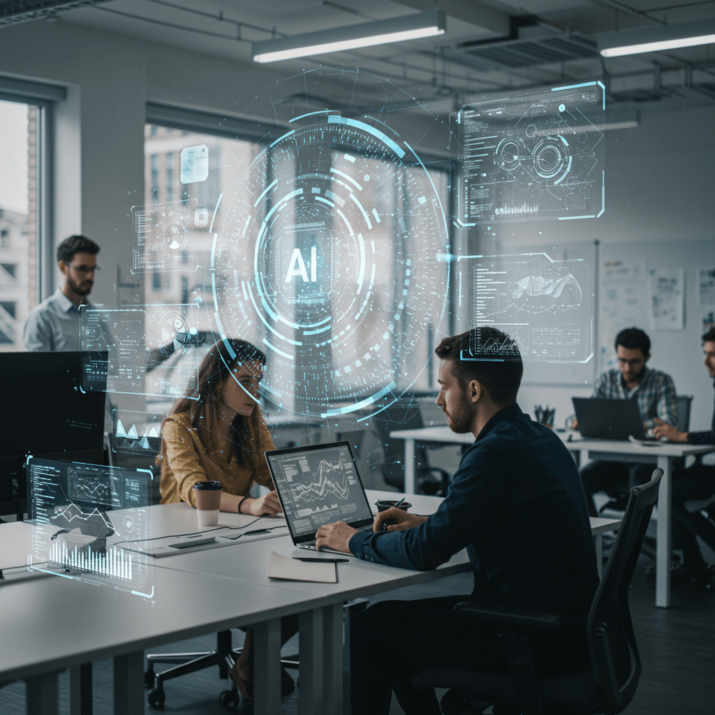Diverse professionals collaborating in a modern office with futuristic AI technology elements, symbolising AI integration in fractional CTO services for UK startups and SMEs.