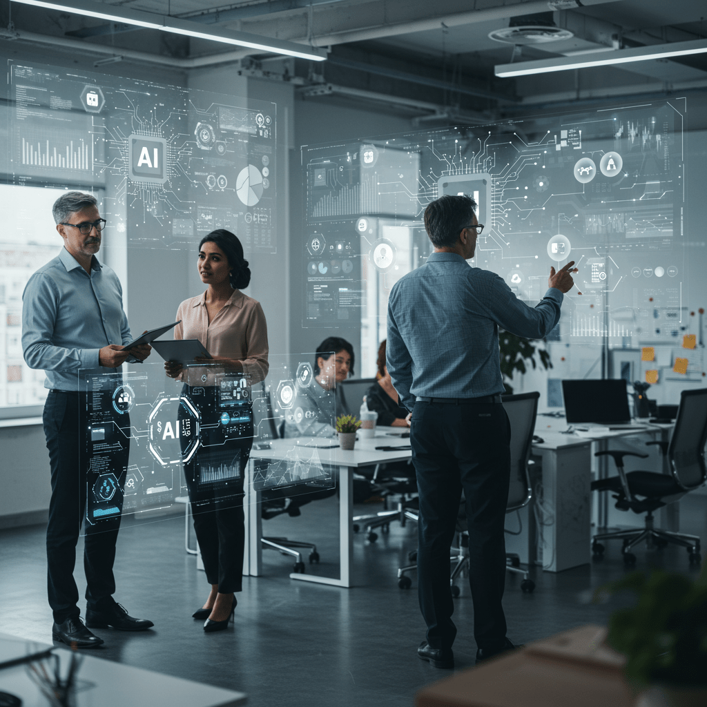 Diverse professionals collaborating in a modern office with digital screens showing AI and automation concepts symbolising business efficiency and scalable growth through AI agents