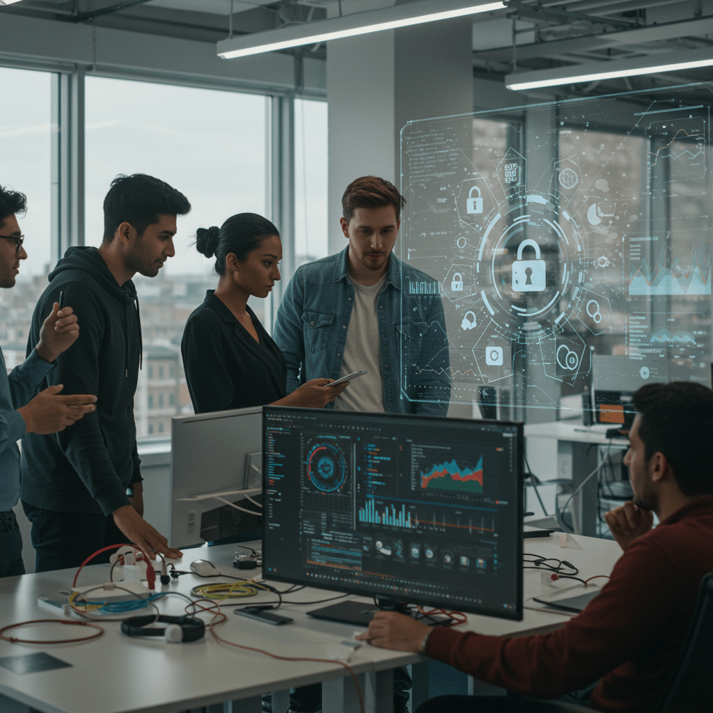 Diverse tech professionals collaborating in a modern office with digital screens showing data and cybersecurity icons, representing crisis management and leadership in UK tech teams