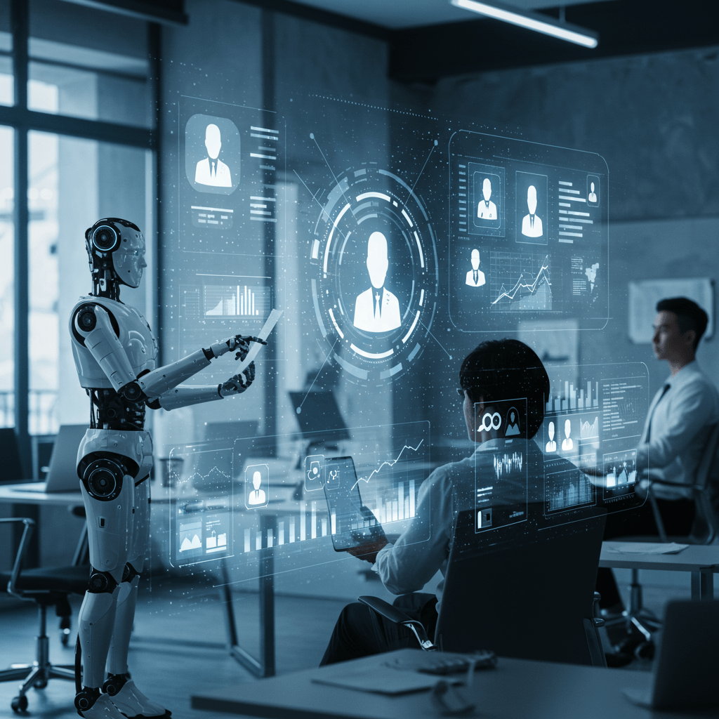 Futuristic office scene with AI robots and human recruiters collaborating on hiring tasks, digital screens showing candidate profiles and data analytics representing AI-driven recruitment and workforce management automation