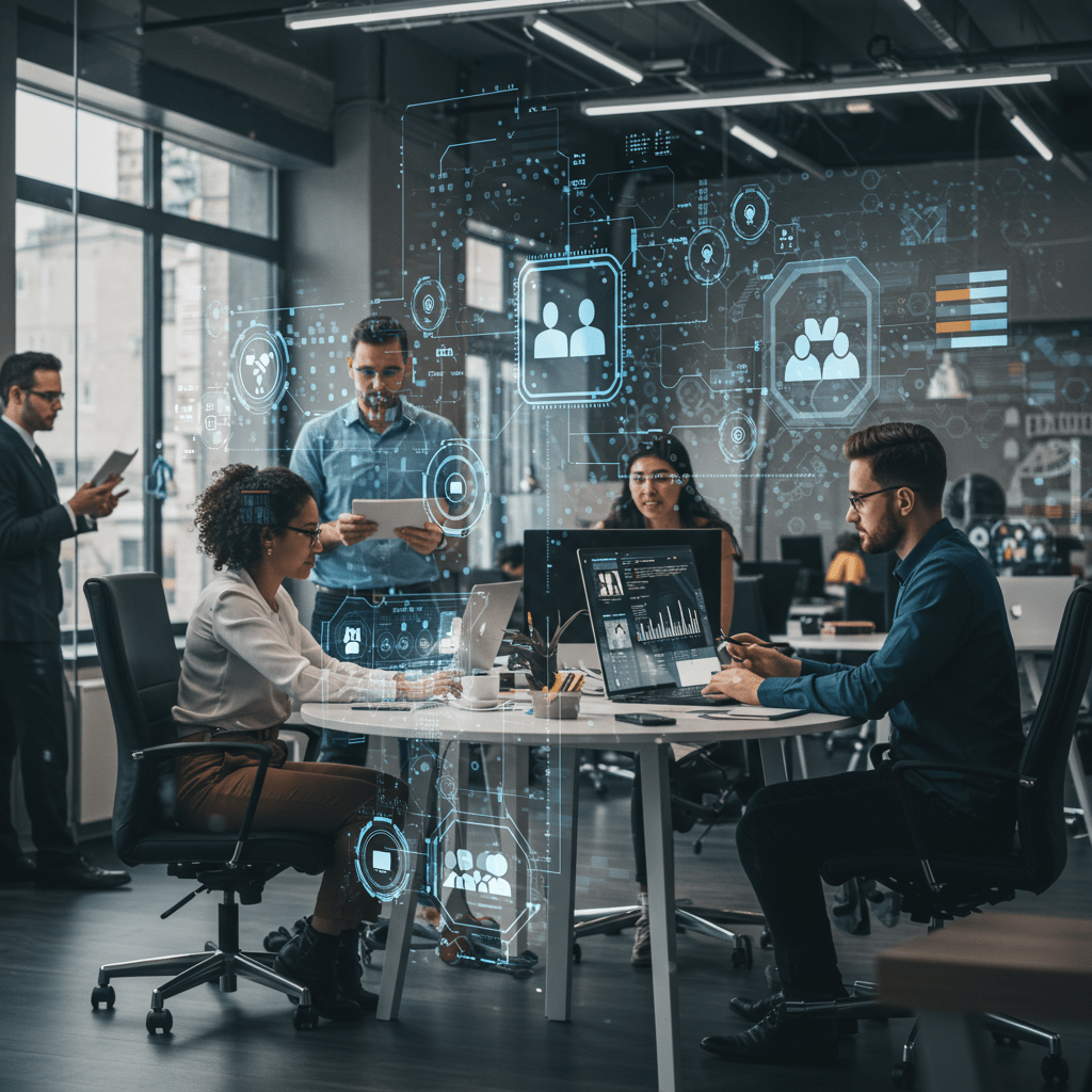 Diverse professionals collaborating with futuristic AI technology interfaces in a modern office, symbolising AI-driven recruitment and tech talent acquisition