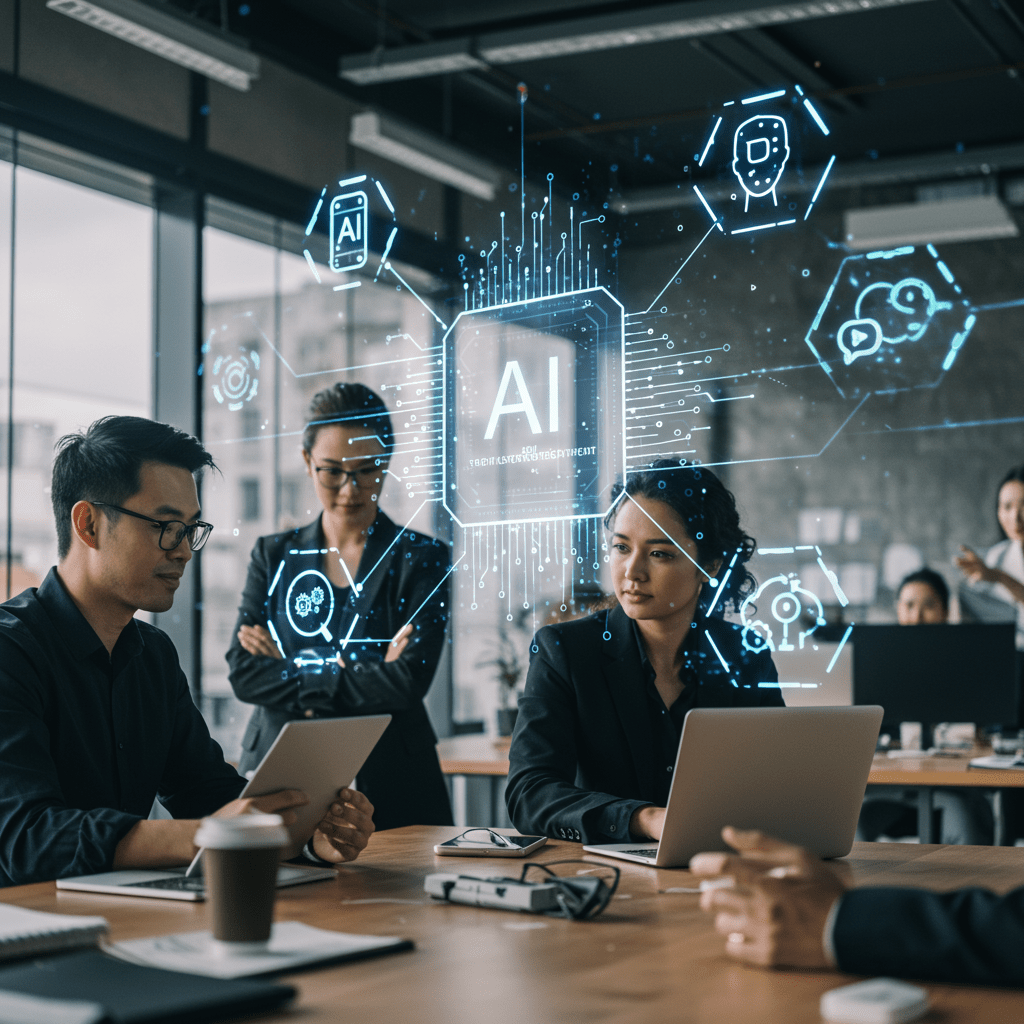 Diverse professionals collaborating in a modern office with digital AI and technology icons symbolising AI-driven tech recruitment and CTO advisory services in the UK startup ecosystem