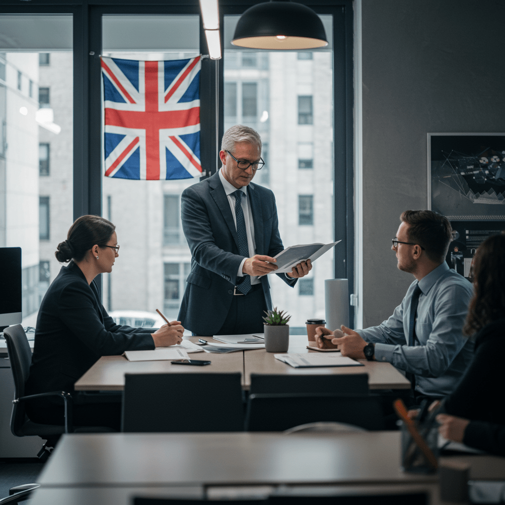 Diverse tech leaders discussing strategy in a modern UK office, symbolising fractional and interim CTO roles for startups and SMEs