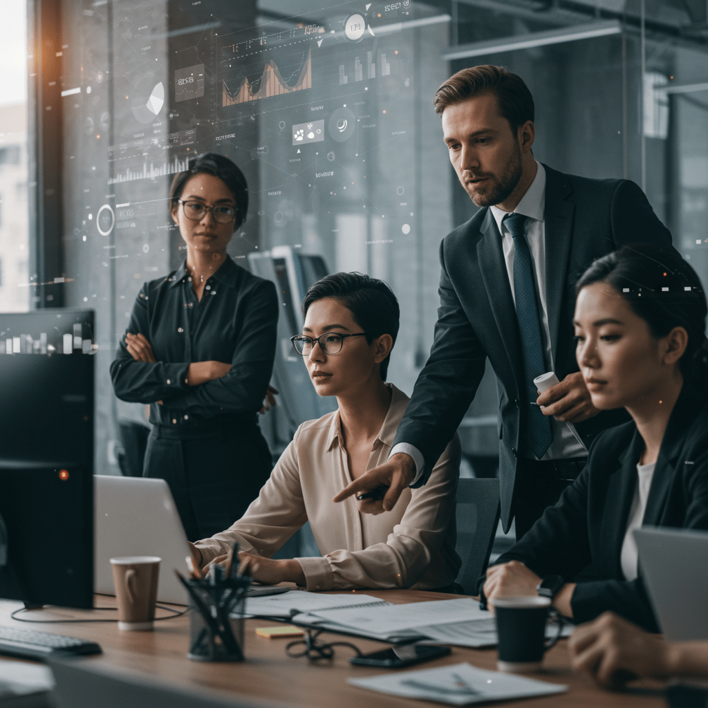Diverse tech team collaborating with a fractional CTO in a modern office, symbolising crisis management and innovation for UK startups and SMEs